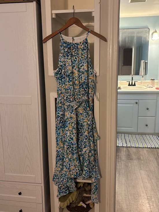 London Times Dresses & Skirts - London Times White Floral-Printed Halter Dress with Teal and Yellow Accents